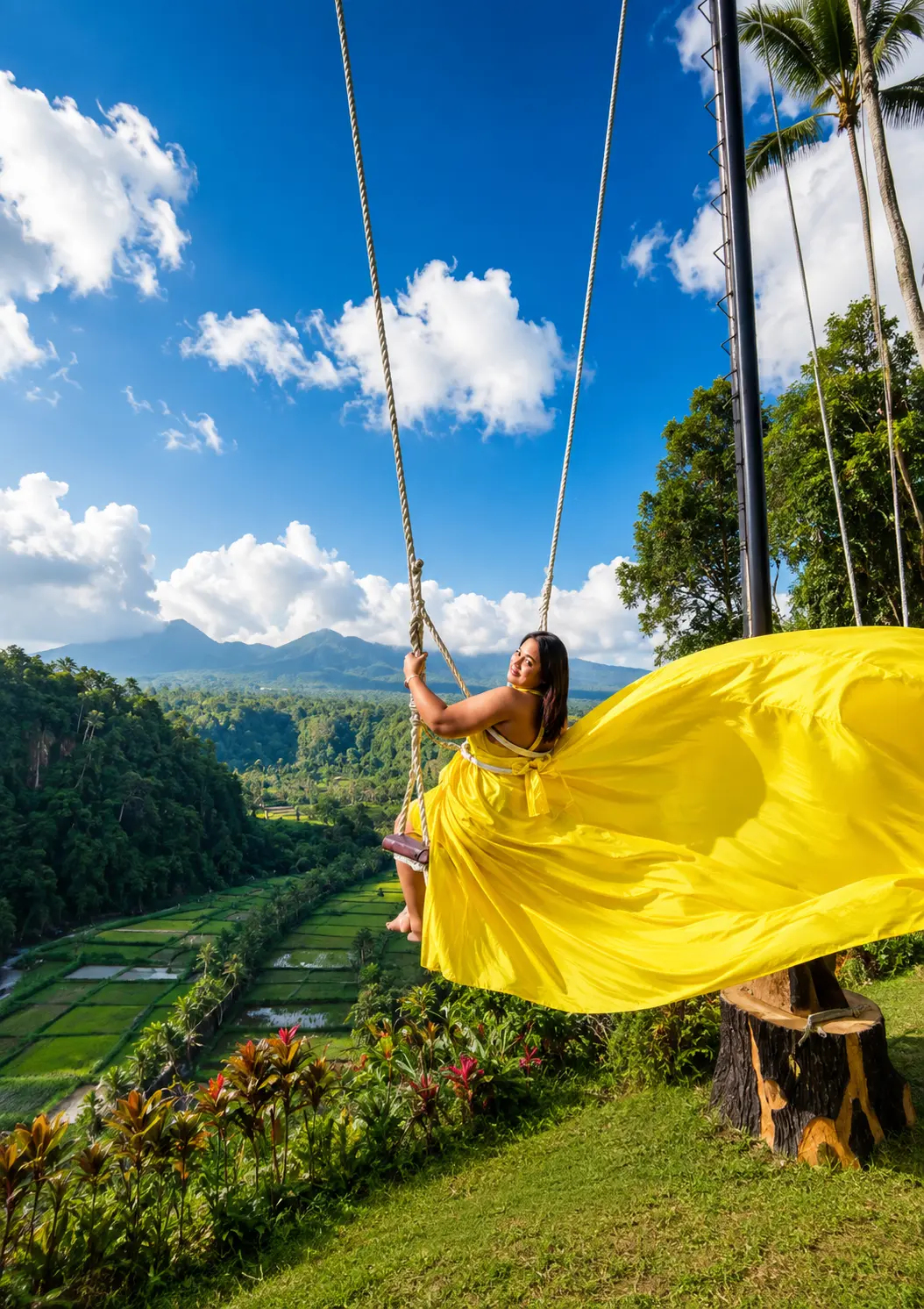 Bali Swing with mountain and rice field view